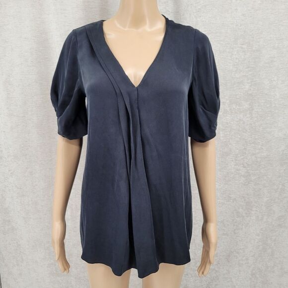 Elie Tahari Black Silk Short Puffed Statement Sleeves Blouse Asymmetrical Pleats - Picture 1 of 9